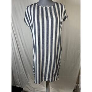 Madewell Sm. Stripe Smocked Button Back Linen blend Dress Pockets Coastal Light